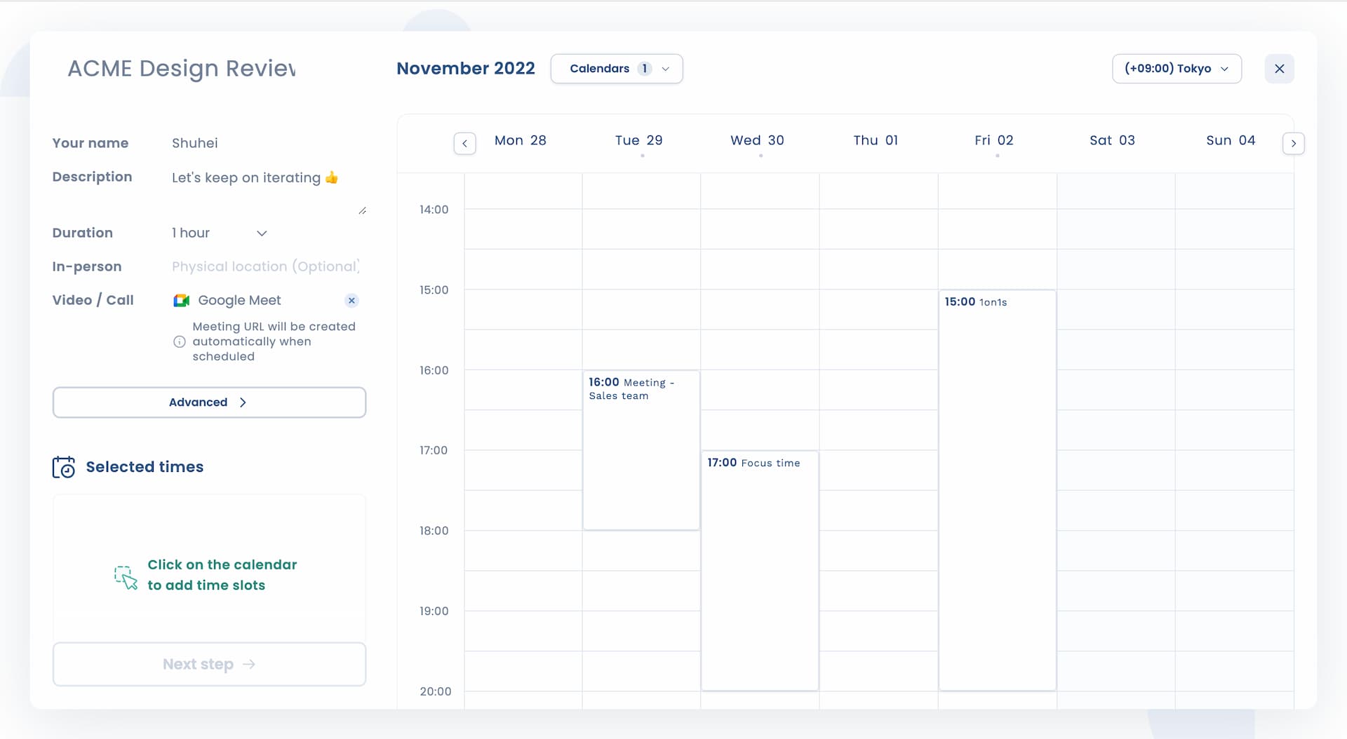 Attendar availability poll creation form with event details filled in and calendar connected