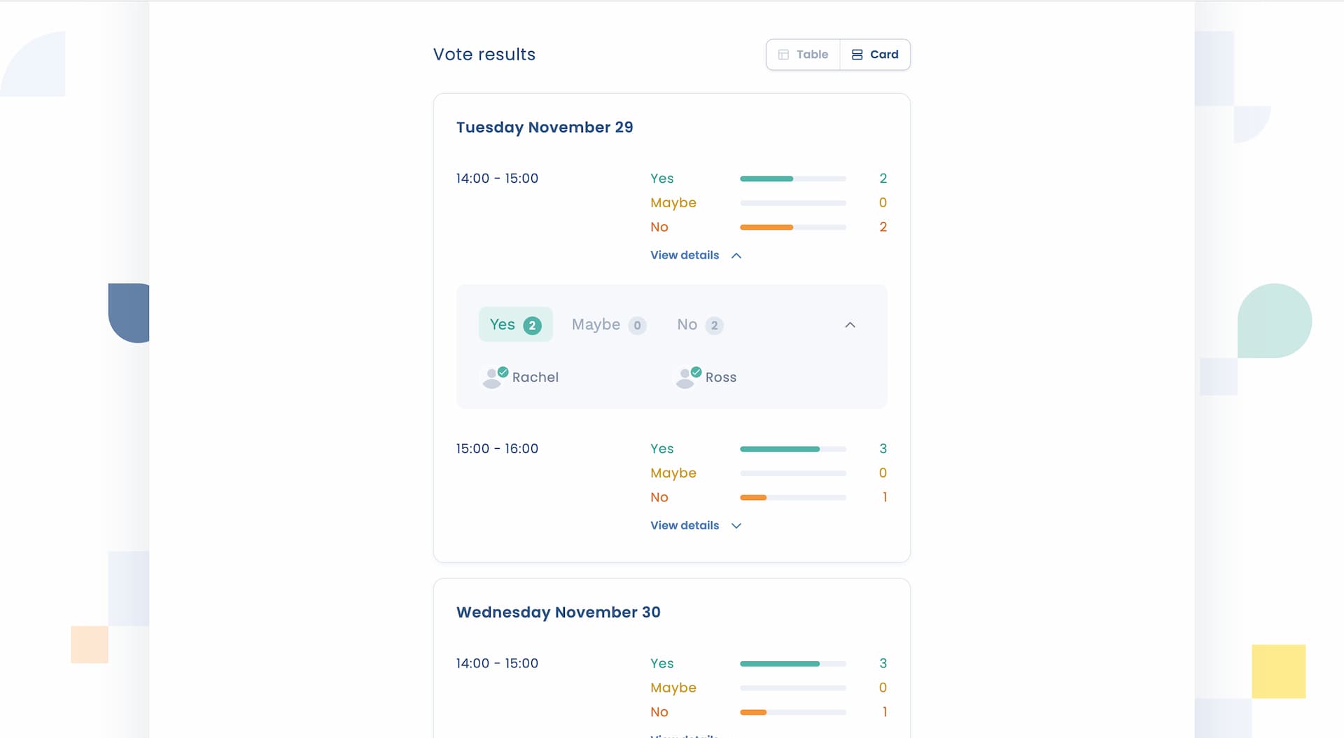 Attendar poll vote results in card view showing collected responses