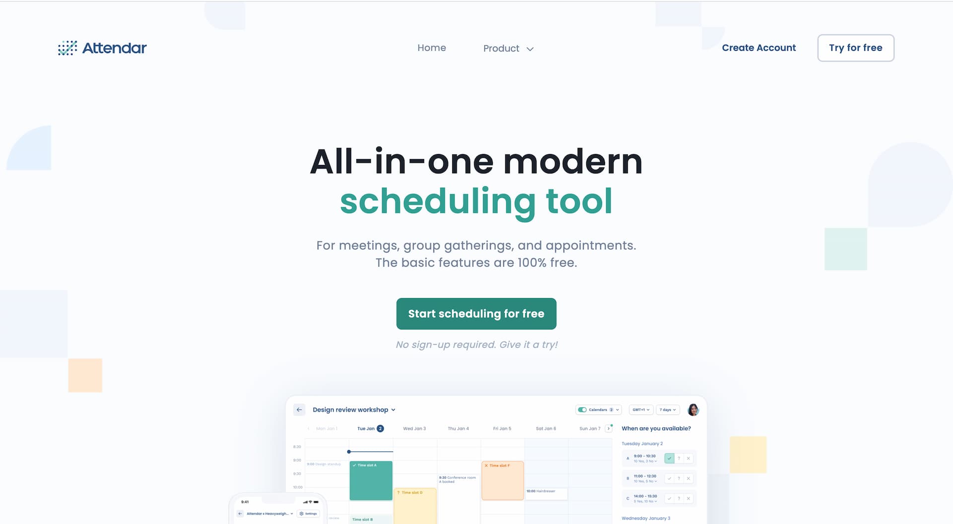 Attendar home page with "Start scheduling for free" button