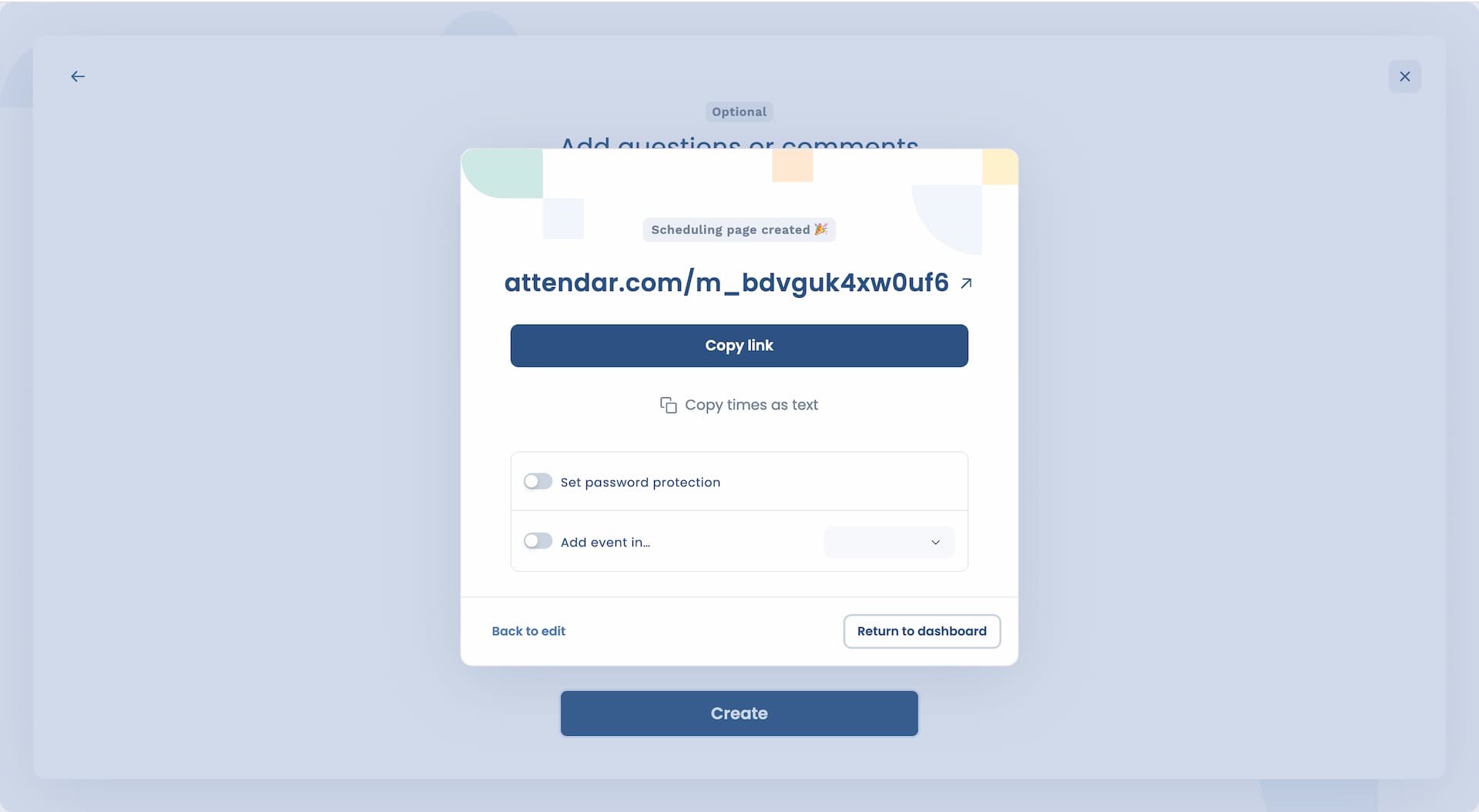 Attendar share modal with poll link after creating an availability poll