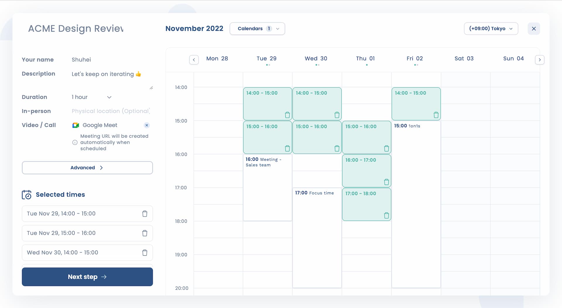 Attendar availability poll with multiple time slots selected on the calendar