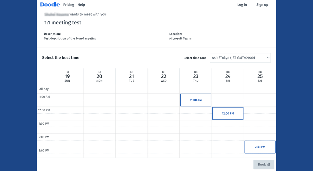Doodle 1-on-1 invite page with time slot selection