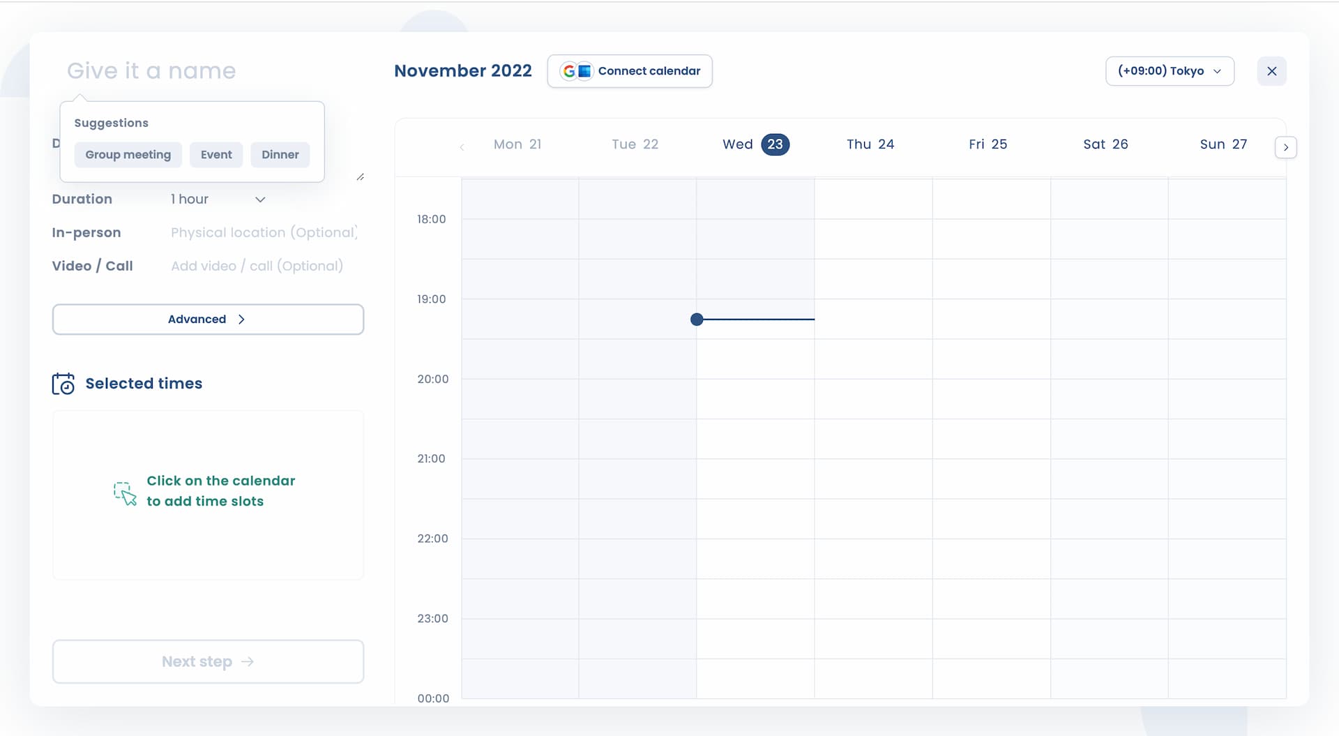 Attendar availability poll creation screen with event details sidebar and calendar