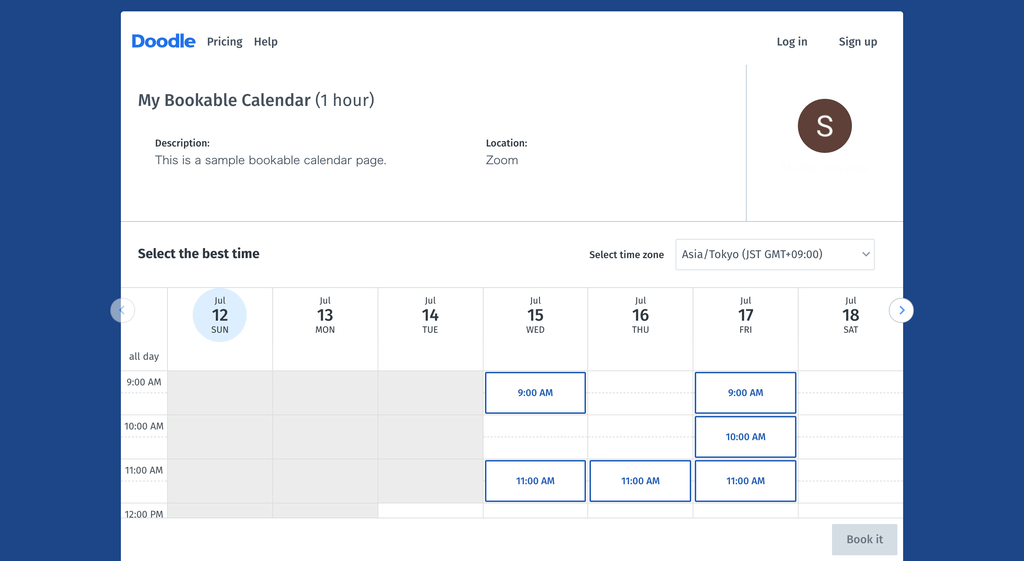 Doodle bookable calendar page for invitees