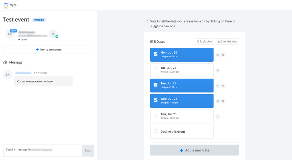 Vyte group and 1-on-1 scheduling invite page with vote interface
