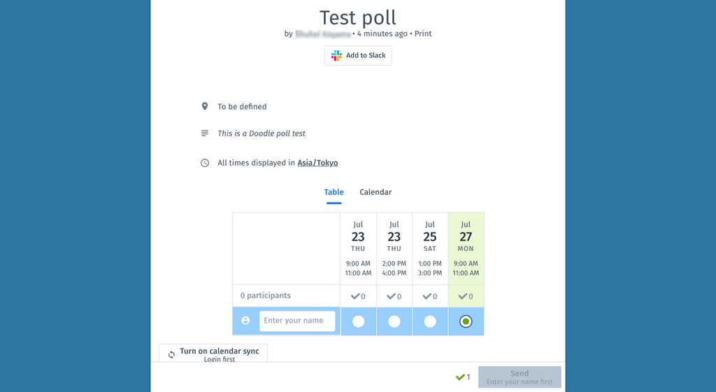 Doodle poll invite page for invitees