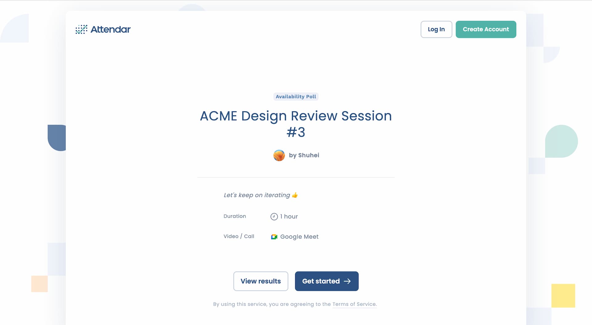 Attendar poll invite welcome page showing event details with Get started and View results buttons