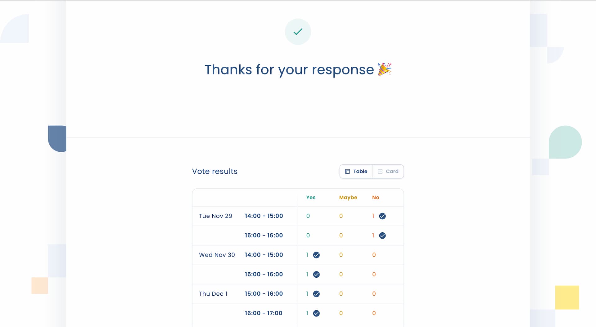 Attendar poll results view after submission with the voter's own responses highlighted