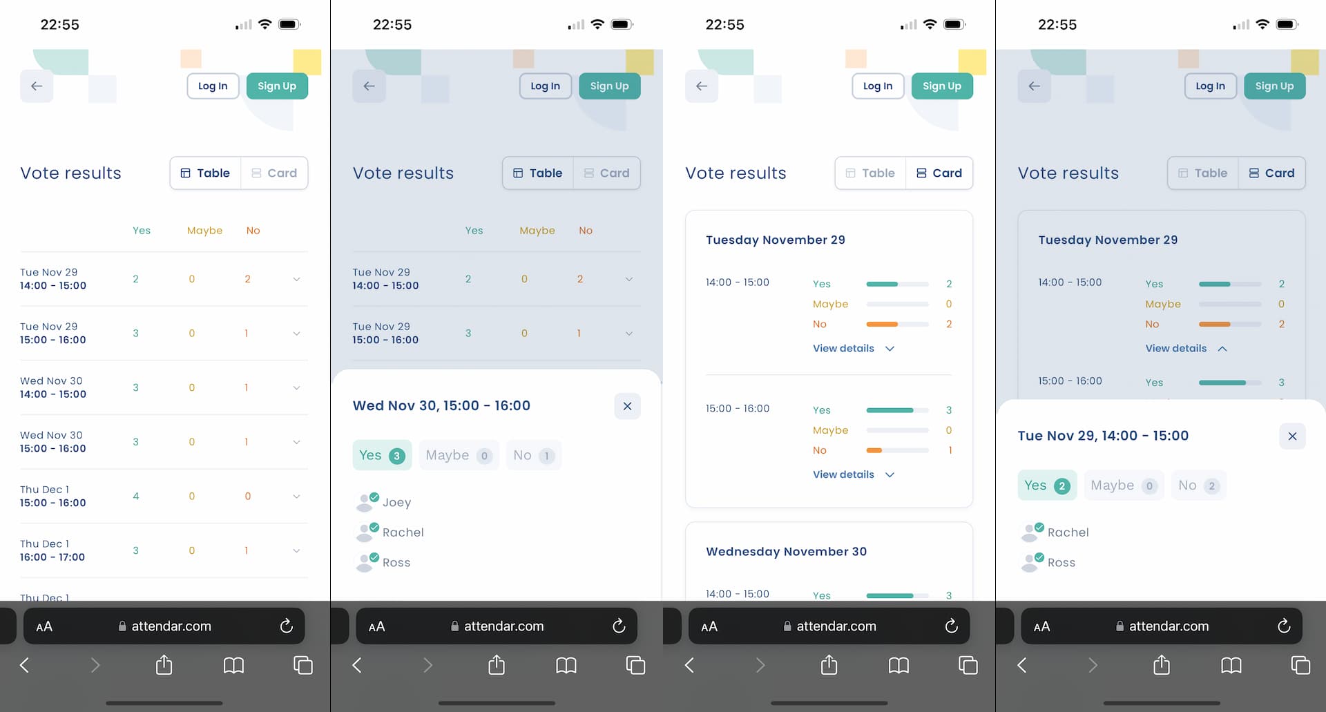 Attendar poll vote results screens displayed on mobile devices