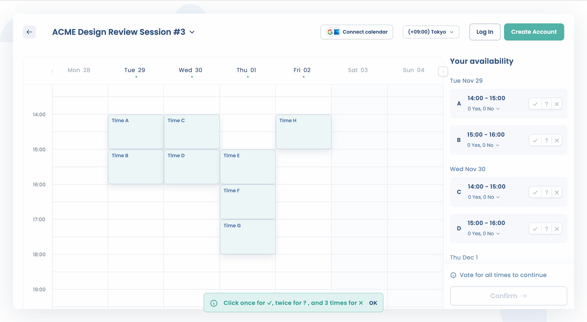 Attendar poll voting screen with calendar time slots and Yes, Maybe, No response options