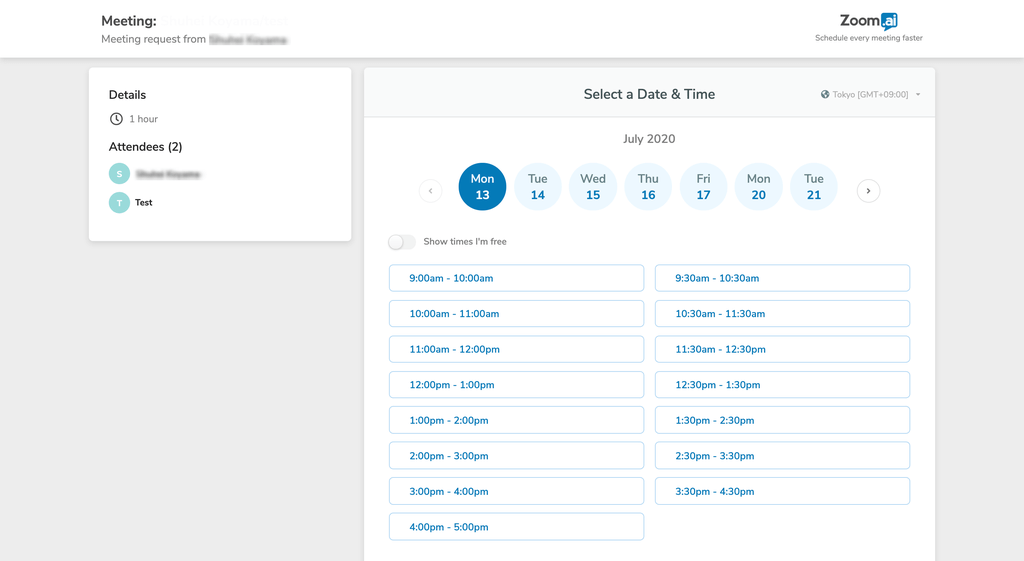 Zoom.ai invite page with time slot selection from host availability