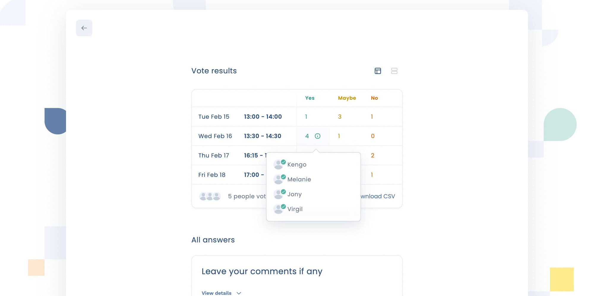 Availability poll results displayed in table view on Attendar