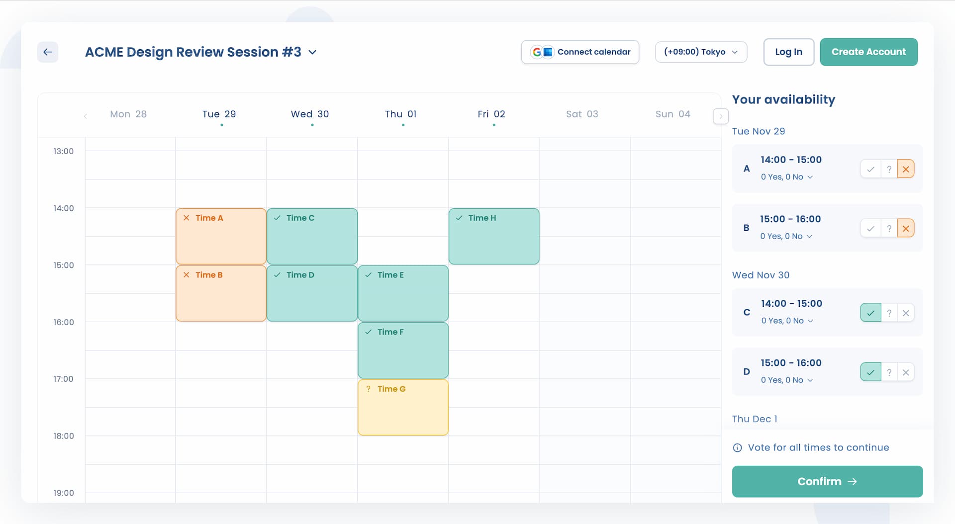 Attendar poll voting screen with color-coded responses for time slots