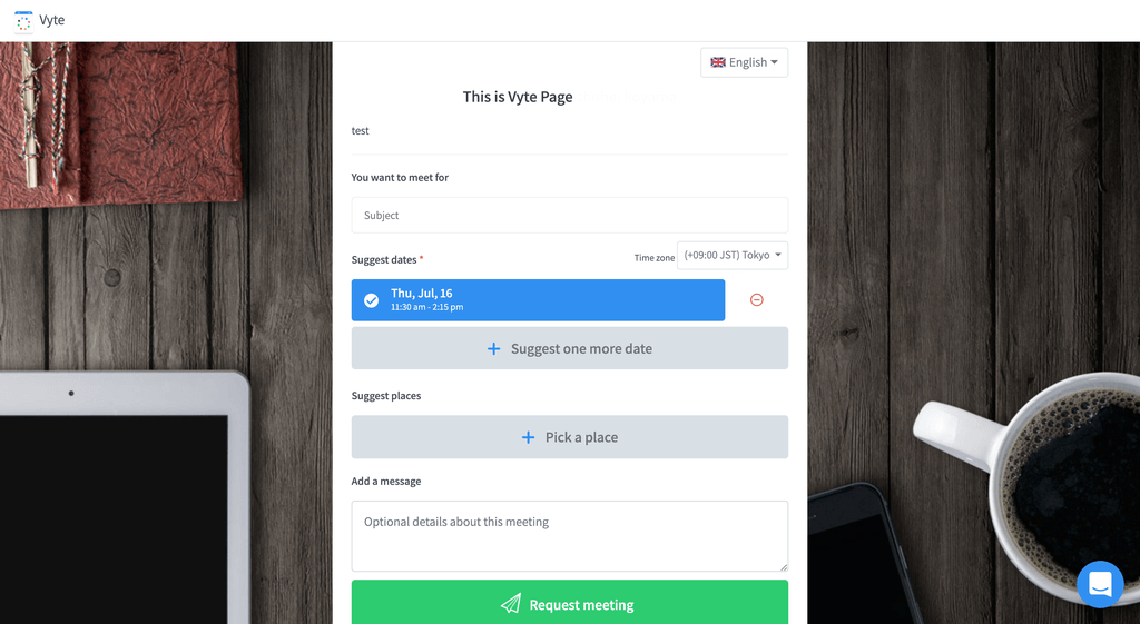 Vyte Page where visitors can request a meeting and suggest times