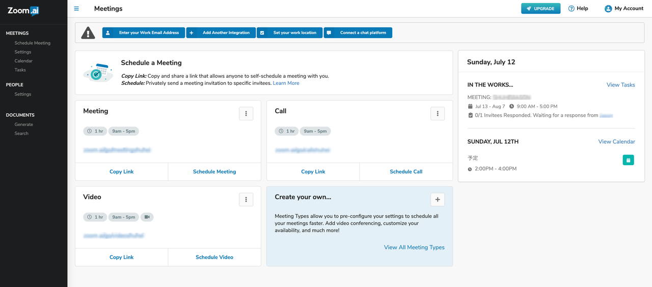 Zoom.ai user dashboard showing meeting types