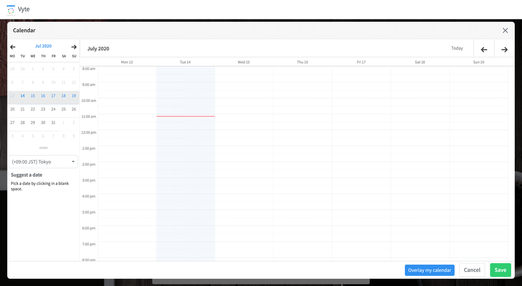 Vyte date and time picker interface for selecting meeting slots