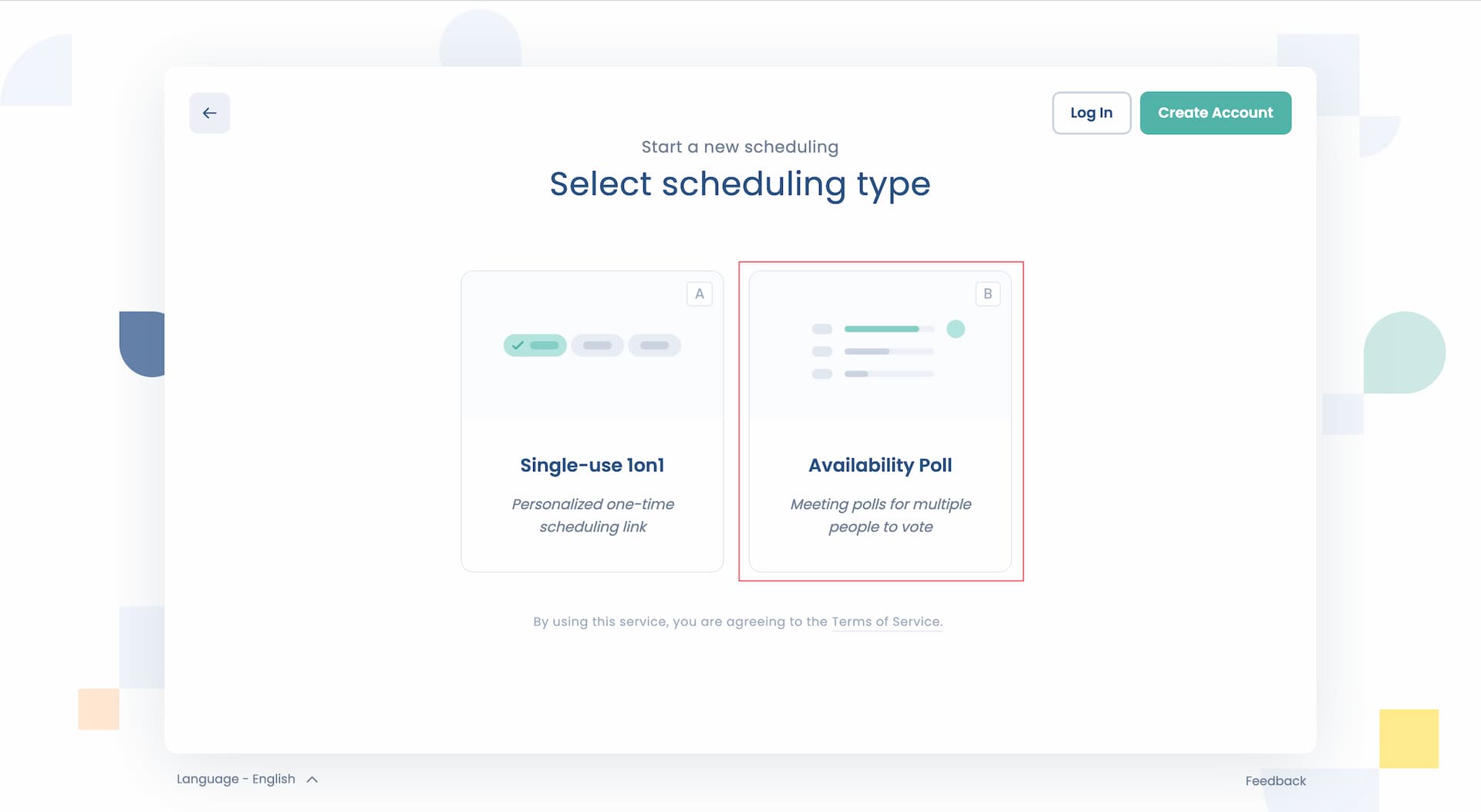 Attendar scheduling type selection screen with Availability Poll option