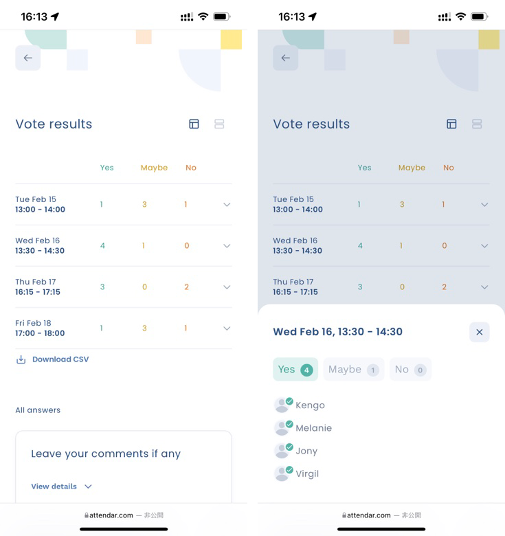 Availability poll results table view on mobile