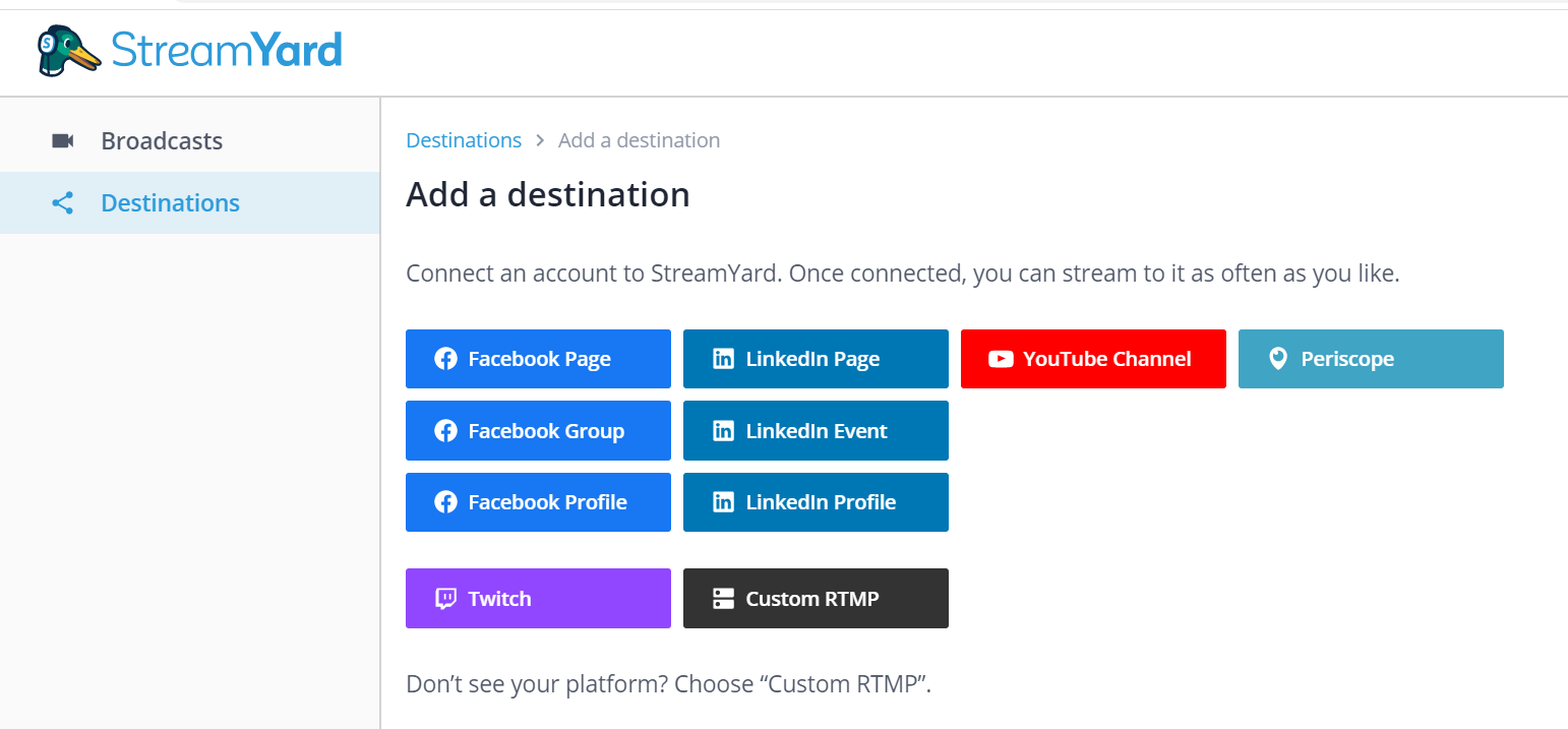 StreamYardの外部サービス連携先追加画面