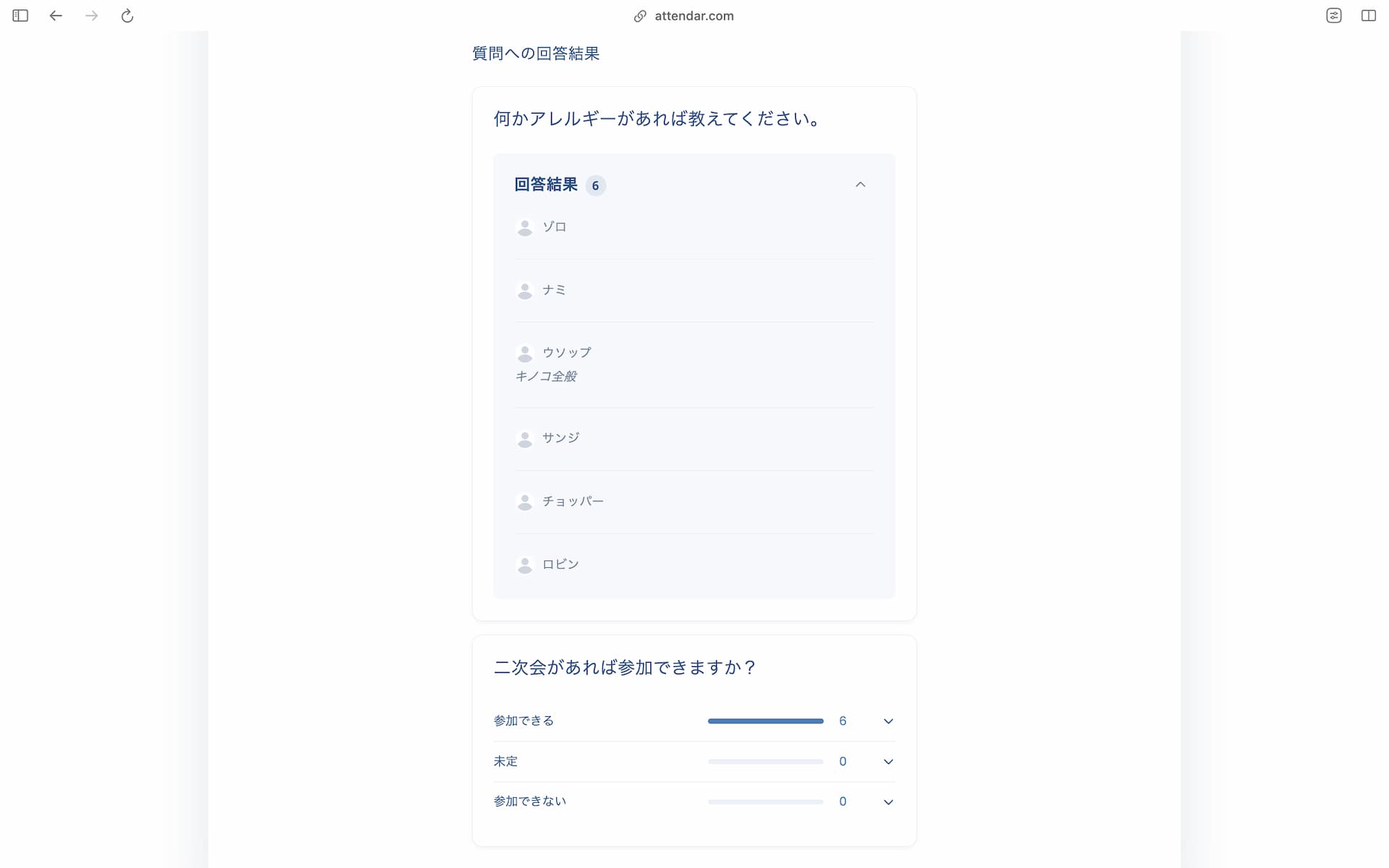 Attendarの日程投票結果画面（質問への回答一覧）