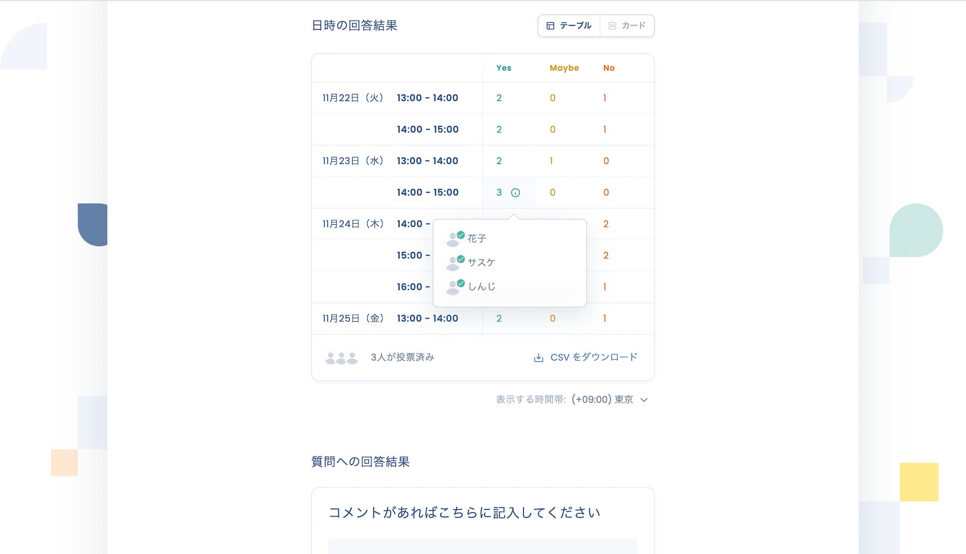 日程投票の回答結果閲覧画面